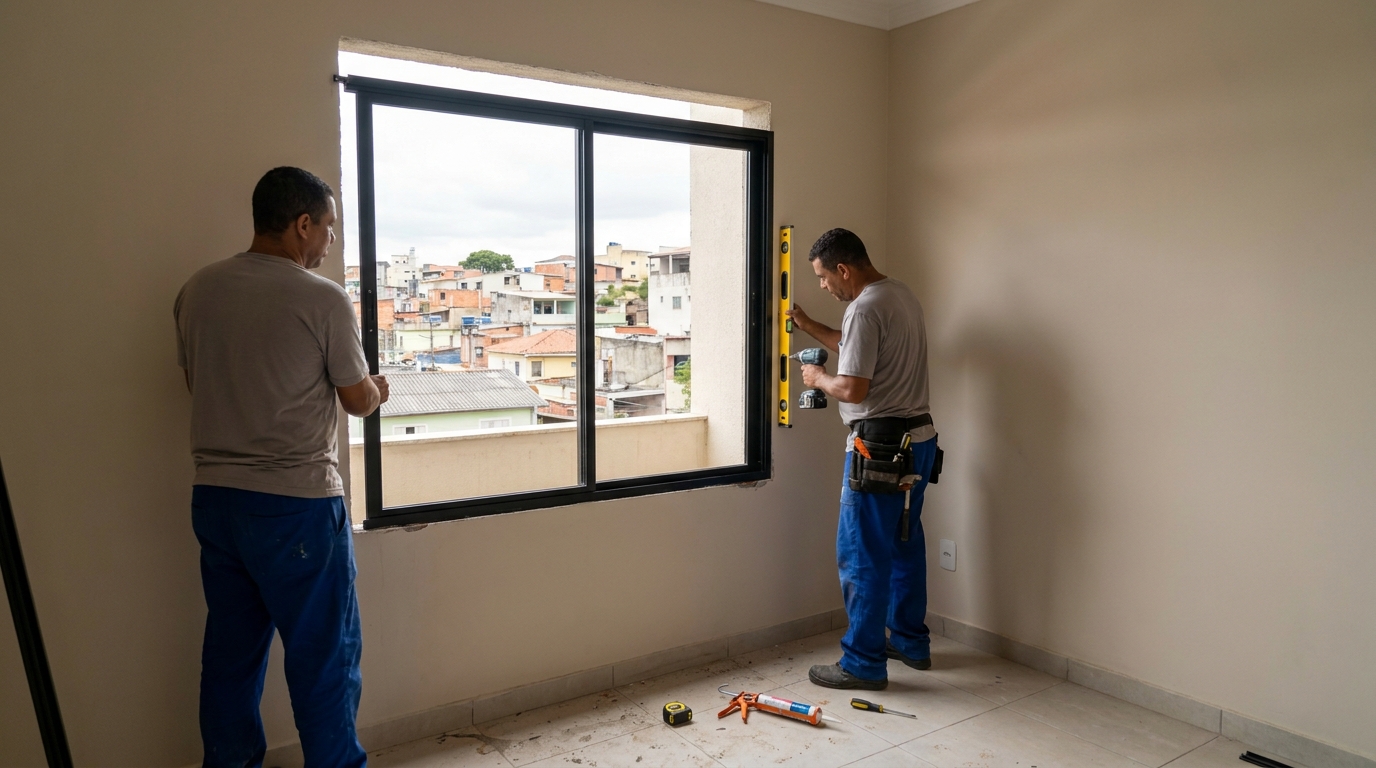 Esquadria de alumínio em quarto bege em Campinas-SP