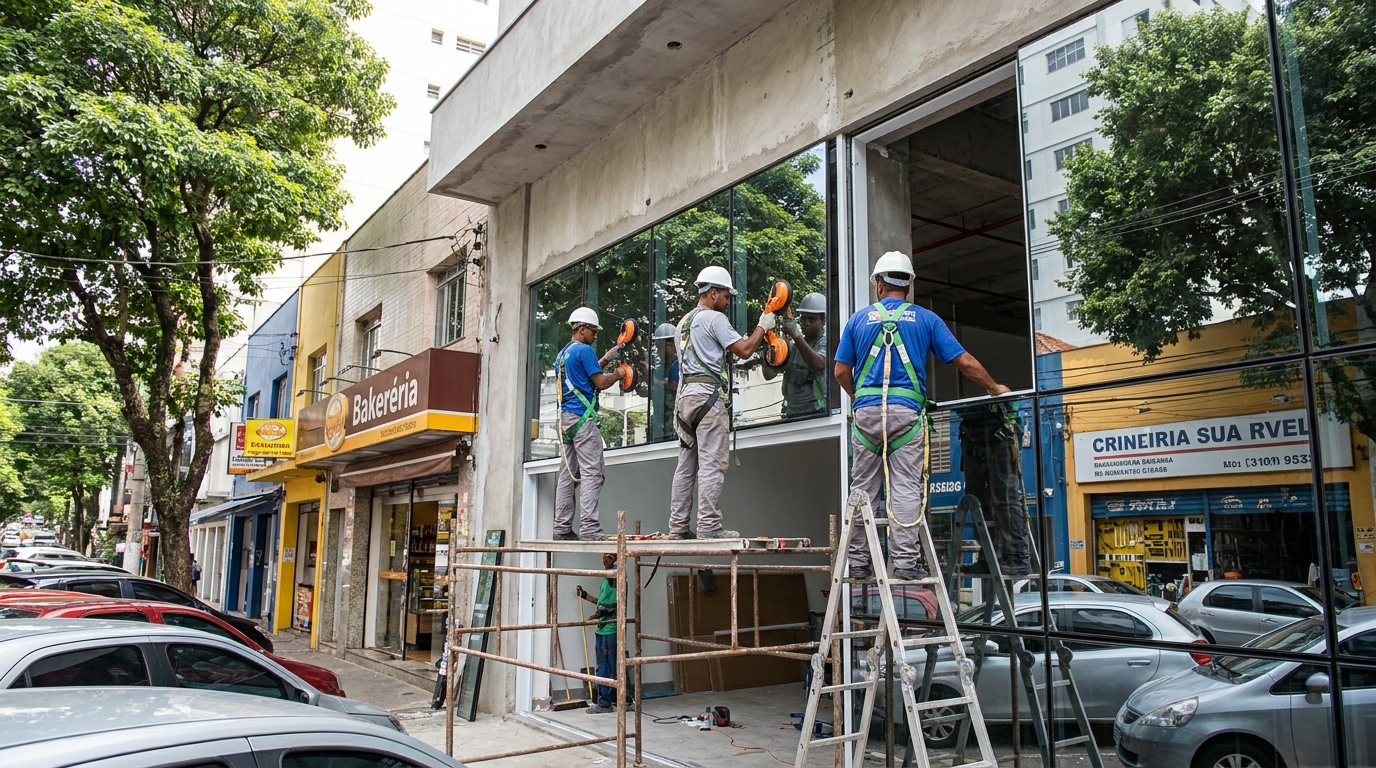 Fachada de vidro com confeitaria vizinha em Campinas-SP