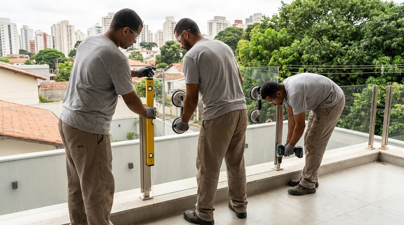 Guarda-corpo em terraço alto com vista cidade em Campinas-SP