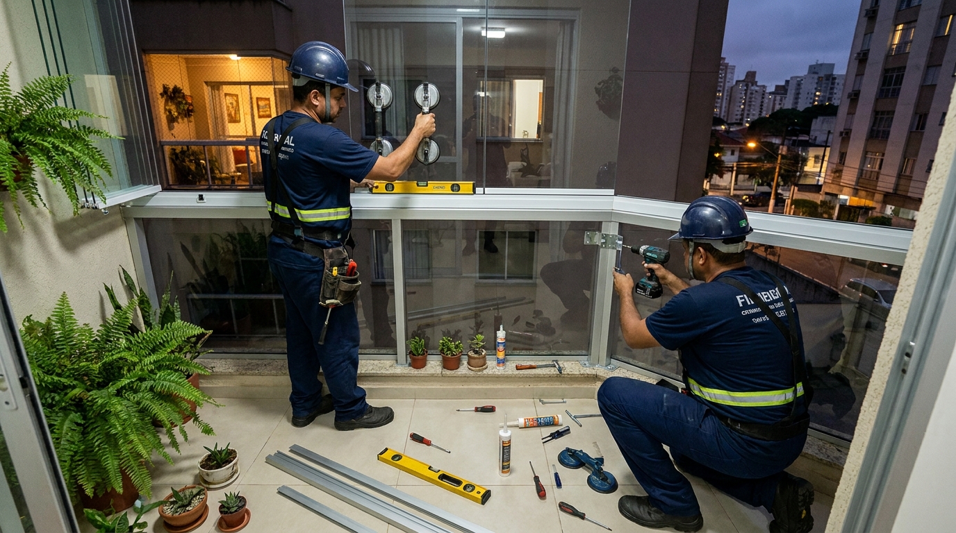 Instalação noturna de parede de vidro em Campinas-SP