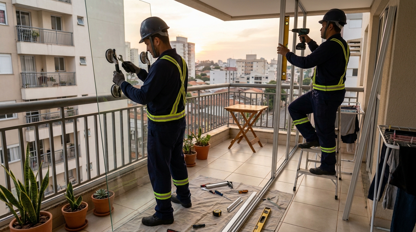 Instalação de parede de vidro em sacada em Campinas-SP
