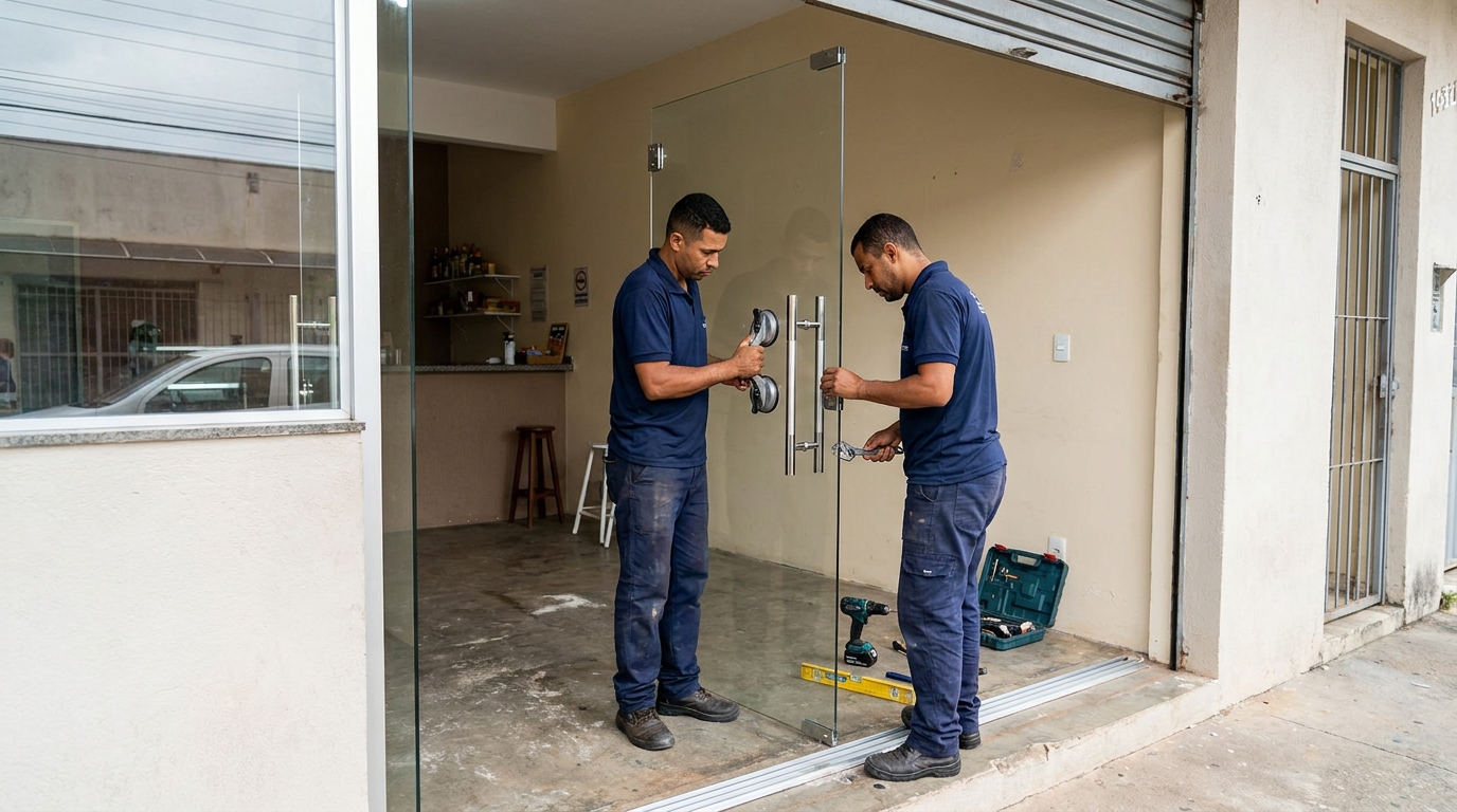 Dupla instalando porta de vidro em loja em Campinas-SP