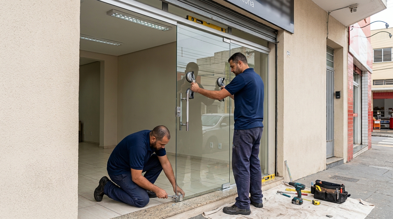 Porta de vidro com puxador inox em Campinas-SP